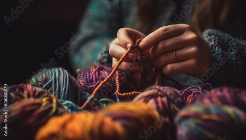 Caucasian woman skilled hand weaves colorful winter fashion with wool generated by AI