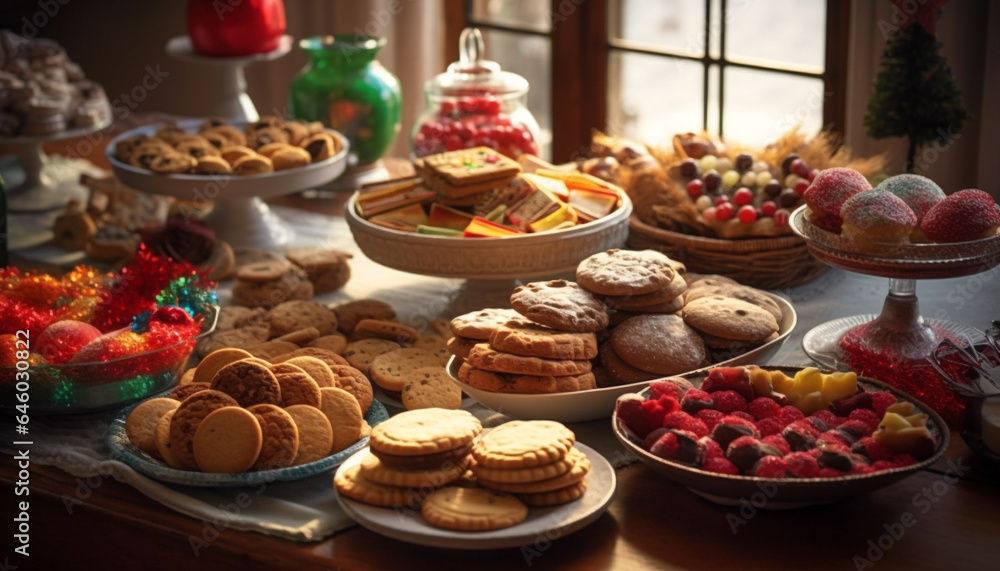A gourmet dessert plate with homemade cookies and fresh berries generated by AI A gourmet dessert plate with homemade cookies and fresh berries generated by AI