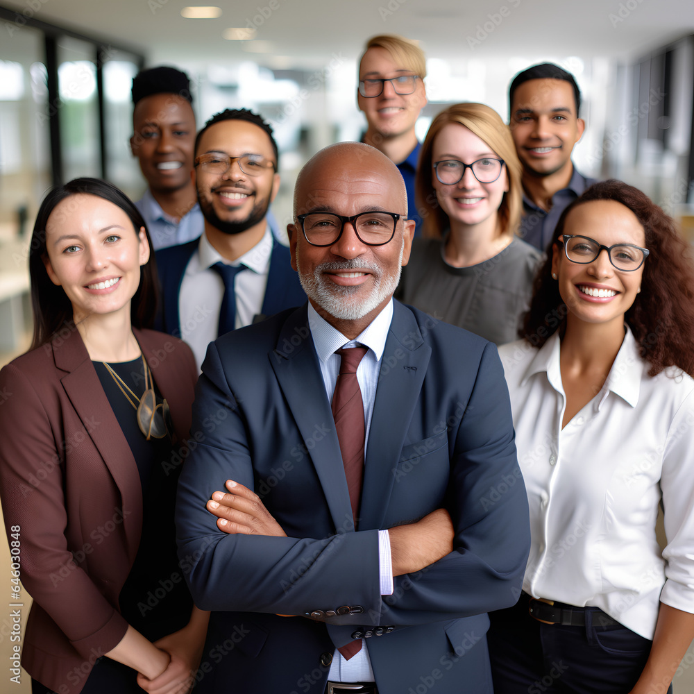 Multicultural business team smiling at the camera in an office Multicultural business team smiling at the camera in an office
