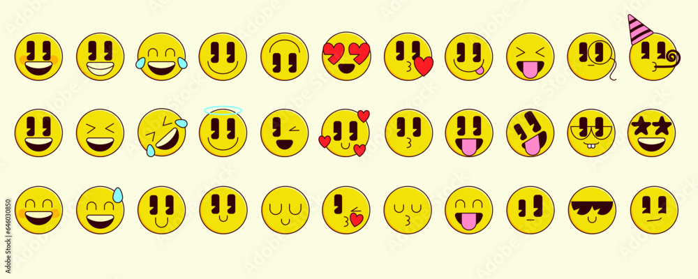Vector emoticon set. Cartoon retro emoji set with outline. Vintage icons sticker label in retro style. Flat vector illustration. Simple symbols funny cute comic characters. Funny characters Vector emoticon set. Cartoon retro emoji set with outline. Vintage icons sticker label in retro style. Flat vector illustration. Simple symbols funny cute comic characters. Funny characters