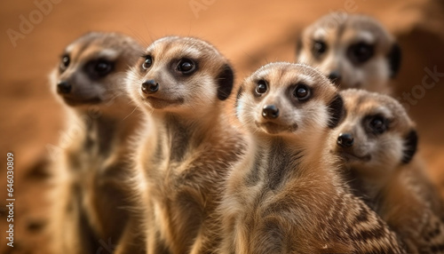 A cute meerkat portrait, looking at you with alertness generated by AI © Stockgiu