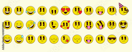 Vector emoticon set. Cartoon retro emoji set with outline. Vintage icons sticker label in retro style. Flat vector illustration. Simple symbols funny cute comic characters. Funny characters