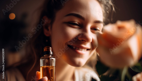 One content young woman holding bottle, enjoying beauty treatment at home generated by AI