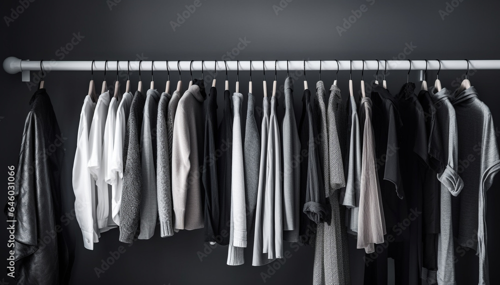 A modern clothing store with fashionable garments hanging in rows generated by AI