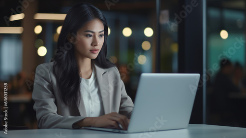 An Asian Businesswoman Deeply Engrossed in Office Work on Her Laptop