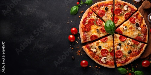 Sliced to savory goodness. Italian flavor explosion. Slice homemade pizza closeup on wooden table. Top view