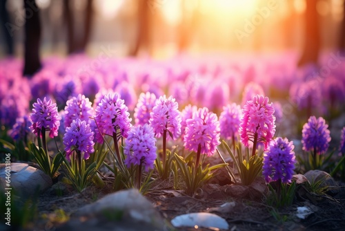 Flowers blossoming in spring at sunset