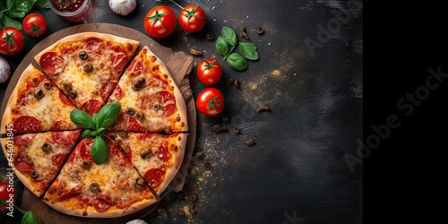 Sliced to savory goodness. Italian flavor explosion. Slice homemade pizza closeup on wooden table. Top view
