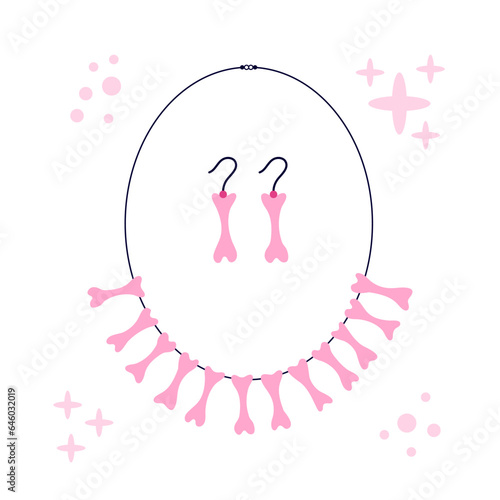 Vector set of necklace and earrings with pink little bones