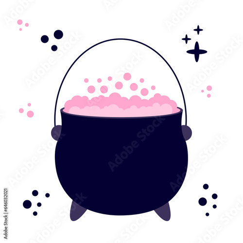 Halloween cauldron with potion and pink bubbles vector illustration