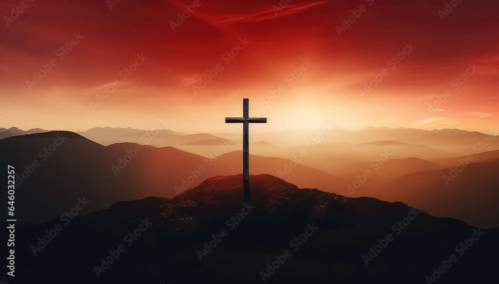 Wooden cross on the top of the mountain on New Year's Eve or Christmas