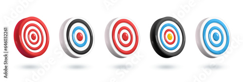 Realistic archery target set. Set of plastic 3d targets isolated on white background. Business goal. Vector