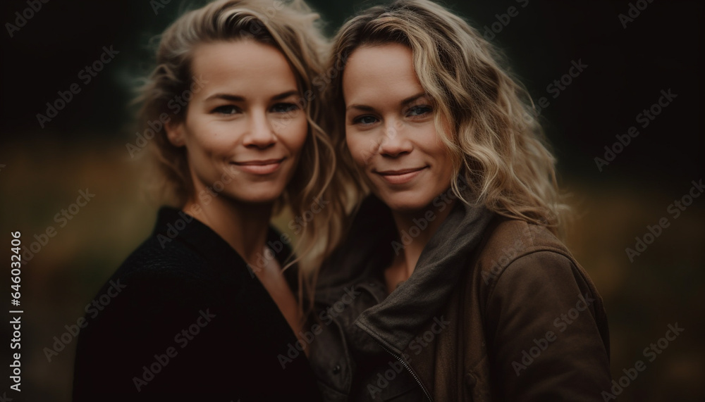 Fototapeta premium Two young women embracing, smiling, enjoying nature and friendship together generated by AI