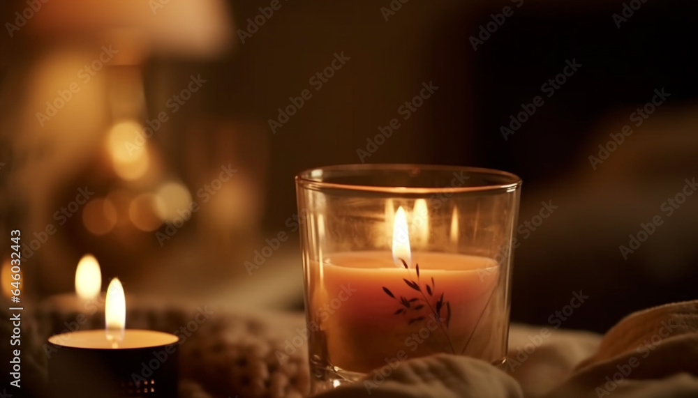The glowing candlelight illuminates the tranquil scene of relaxation generated by AI The glowing candlelight illuminates the tranquil scene of relaxation generated by AI