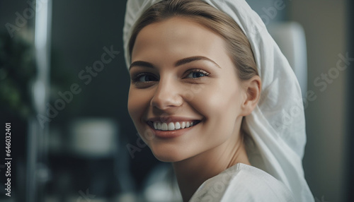One beautiful woman, smiling with confidence, enjoying relaxation indoors generated by AI
