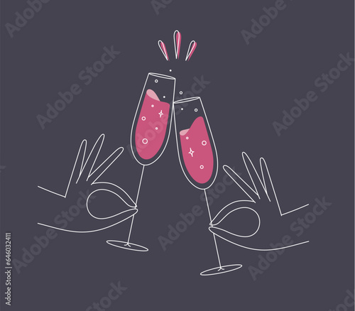 Obraz na płótnie Hand holding champagne clinking glasses drawing in flat line style on dark blue background w salonie