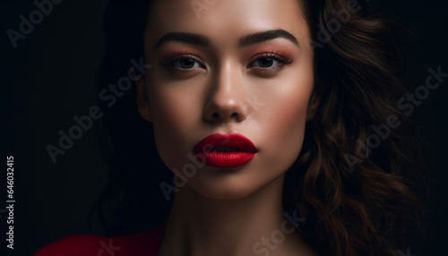 Beautiful young woman with shiny  curly brown hair and lipstick generated by AI