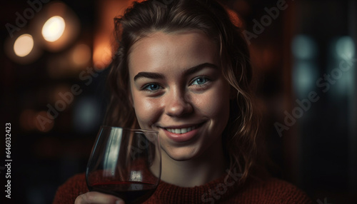 A beautiful young woman enjoying wine and relaxation at home generated by AI
