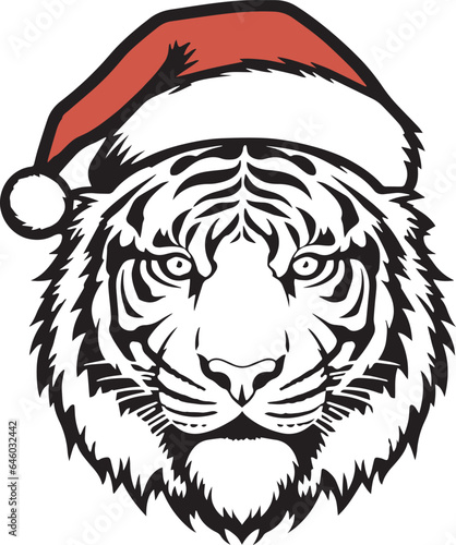 Tiger in a Christmas hat  Tiger head  Vector illustration  SVG