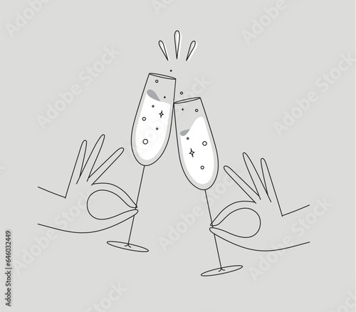 Hand holding champagne clinking glasses drawing in flat line style on grey background