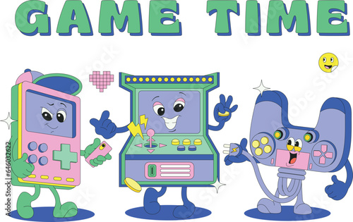 Groovy characters in the form of video games. Old games machine. Gadgets for video games. Gamepads, vintage assets in retro style, latest vector images, set isolated