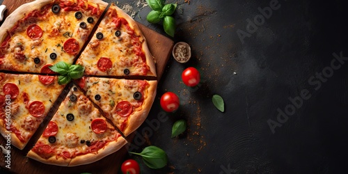 Sliced to savory goodness. Italian flavor explosion. Slice homemade pizza closeup on wooden table. Top view