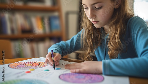 Cute Caucasian girl sitting indoors, concentrating on art and craft generated by AI