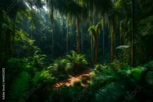 dense African forest jungle with flowers and many trees - AI Generative