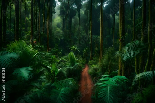 dense African forest jungle with flowers and many trees - AI Generative