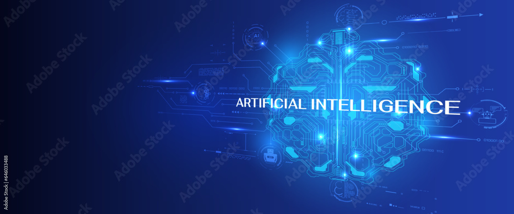 AI smart brain big data processing futuristic with circuit board, robot technology icon template. Artificial intelligence micro processor unit transferring database vector concept background.