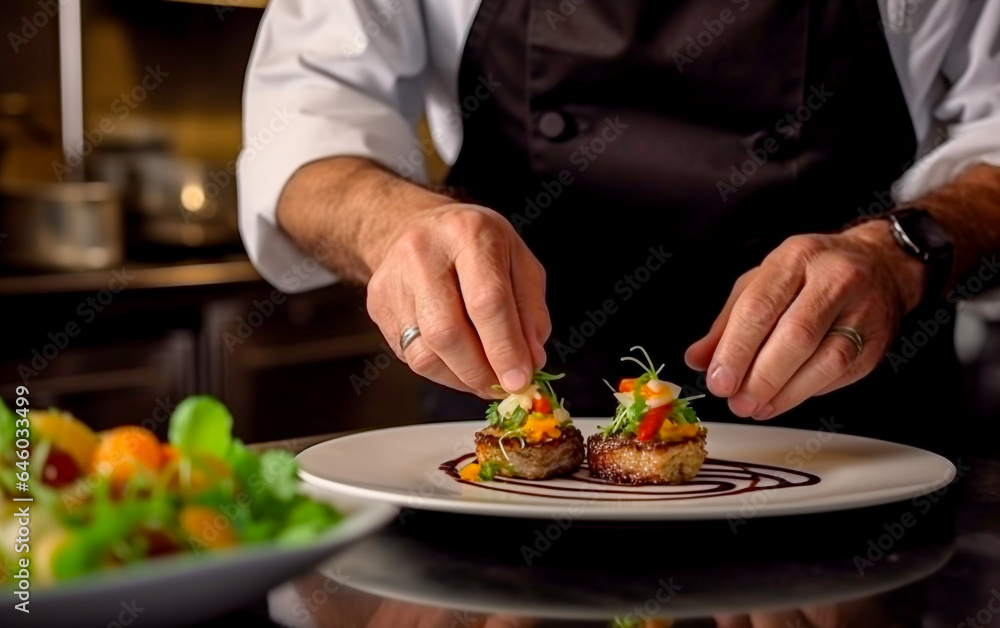 A chef is arranging food on a plate, close up shot to the hand and plate