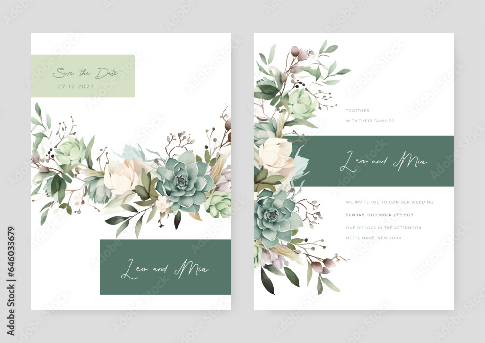 Green and white rose waterlily modern wedding invitation template with floral and flower