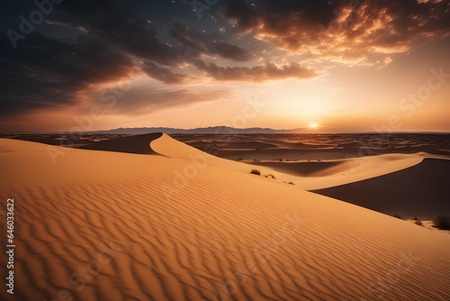 sunset in the desert sand dunes with cloud sky background