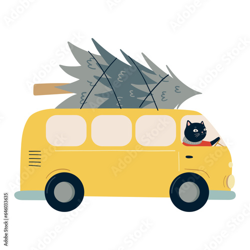 Black Cat Driving A Minivan With Christmas Tree