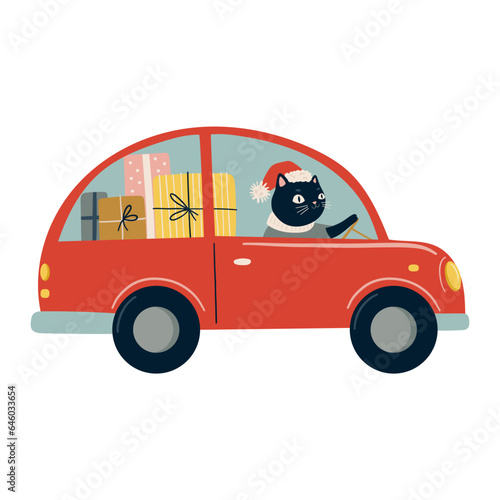 Black Cat In Santa's Suit Driving A Car With Christmas Gifts