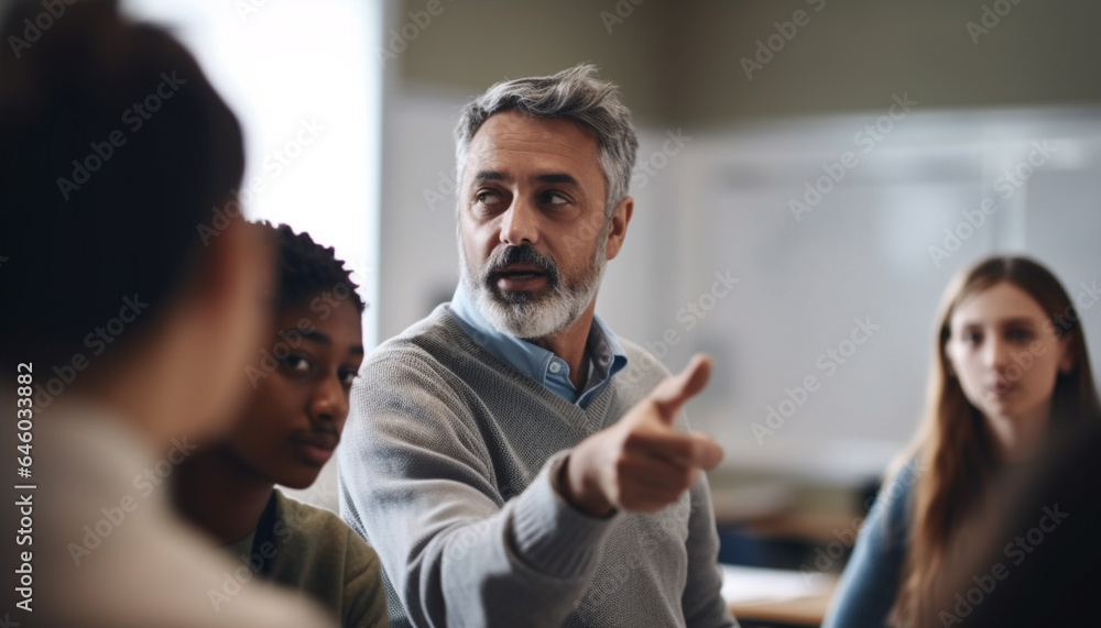 Multi ethnic group of real people brainstorming new business strategy indoors generated by AI Multi ethnic group of real people brainstorming new business strategy indoors generated by AI