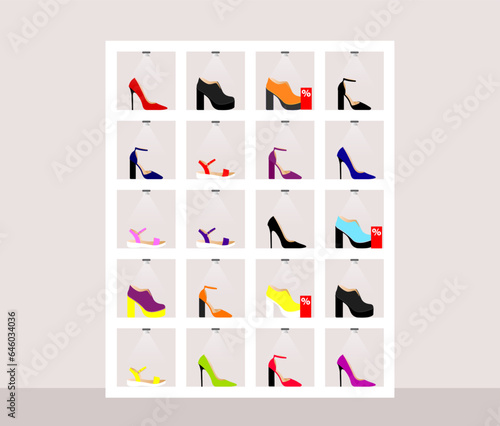 Shelf with different shoes in a store or dressing room. Flat. Vector