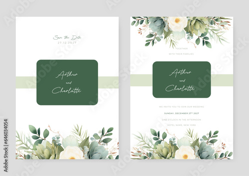 Green and white rose waterlily modern wedding invitation template with floral and flower