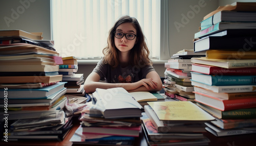 Young adult studying at desk, surrounded by bookshelf heap generated by AI