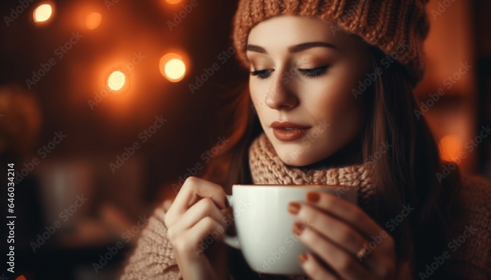 custom made wallpaper toronto digitalYoung woman holding hot drink, cozy in warm clothing, smiling generated by AI
