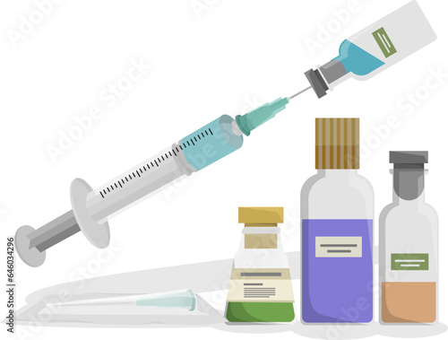 Injector with needle for medical drug injection, vaccine for care and treatment, Healthcare medical, Vector cartoon flat medicines illustration, SVG.