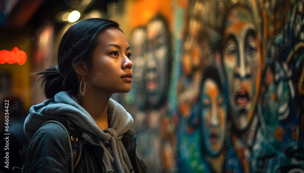 Smiling young adults in casual clothing enjoy city nightlife outdoors generated by AI Smiling young adults in casual clothing enjoy city nightlife outdoors generated by AI