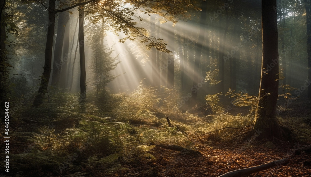 A mysterious autumn forest illuminated by backlit sunlight generated by AI