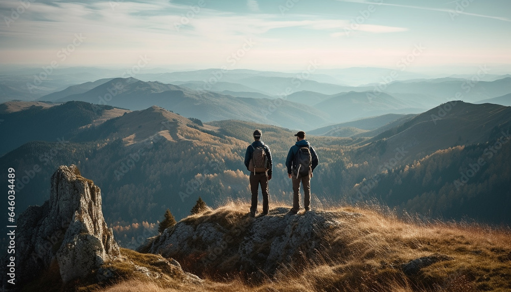 Two people standing on a mountain peak, enjoying a recreational pursuit generated by AI