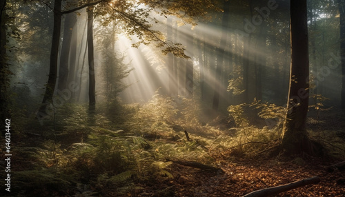 A mysterious autumn forest illuminated by backlit sunlight generated by AI