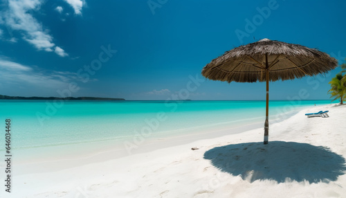 Tropical coastline, turquoise water, palm trees, and tranquil scene generated by AI © Stockgiu