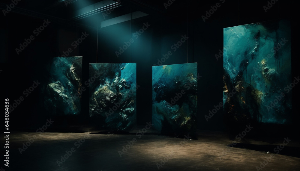 Deep blue underwater mystery futuristic illustration of sea life abstract design generated by AI