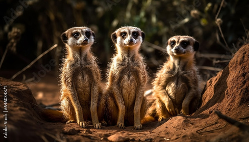 Three cute meerkats staring, standing in a row, watching outdoors generated by AI
