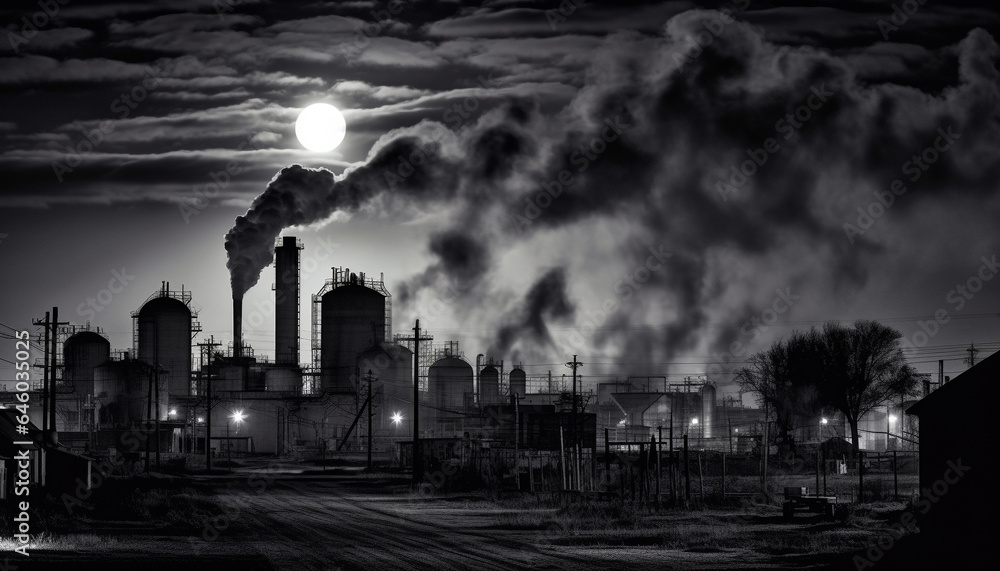Dark factory emits smoke, polluting nature with fossil fuel fumes generated by AI
