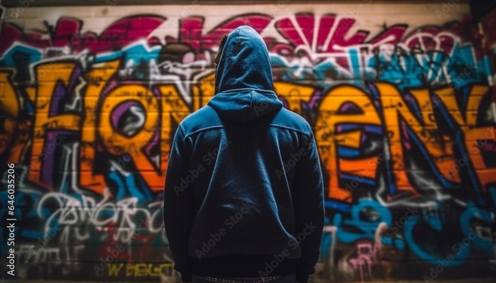 Naklejka premium Hooded males in dirty clothing vandalize city street with graffiti generated by AI